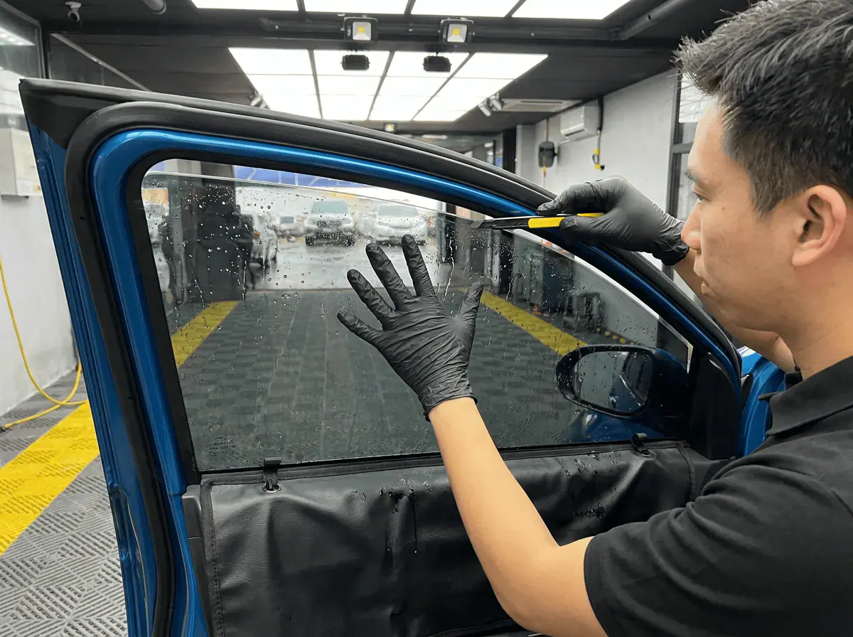 Pemotongan filem tepat semasa pemasangan tinted pada Perodua Axia
