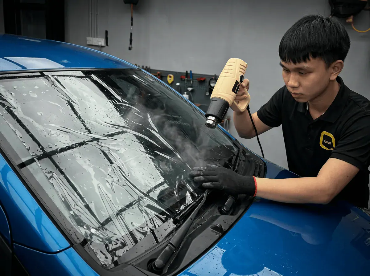 Pengecutan haba terkawal semasa pemasangan tinted pada Perodua Axia