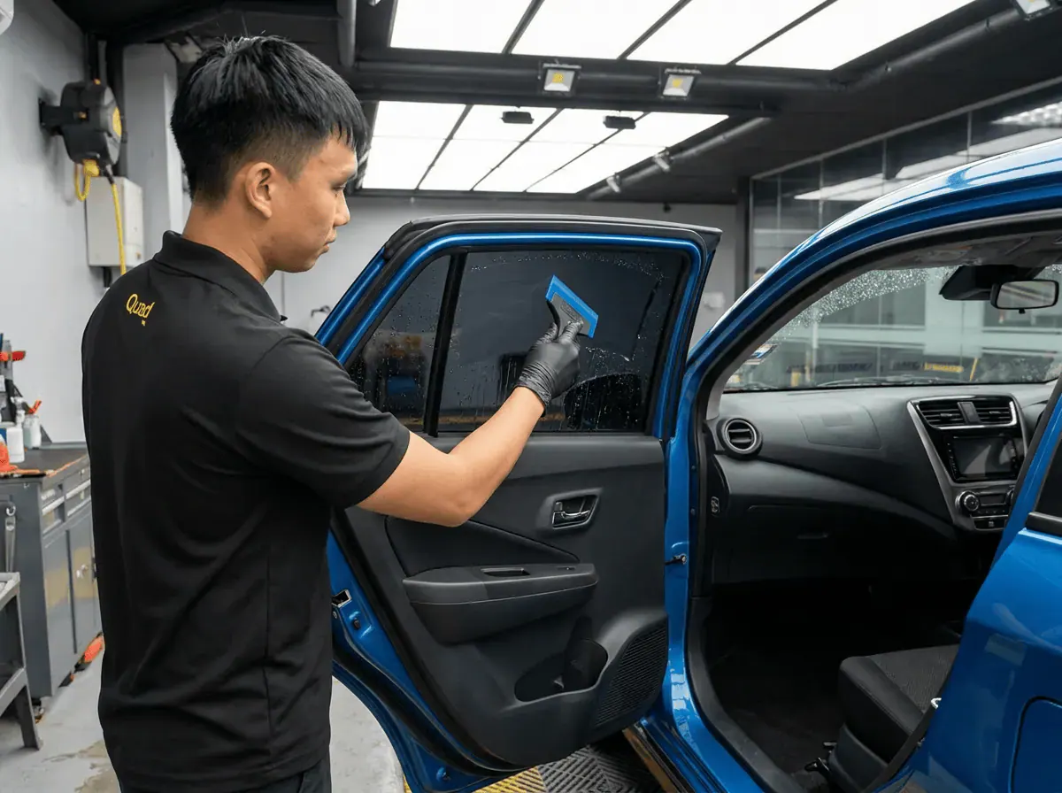 Pemasangan filem dan penyingkiran air semasa pemasangan tinted pada Perodua Axia