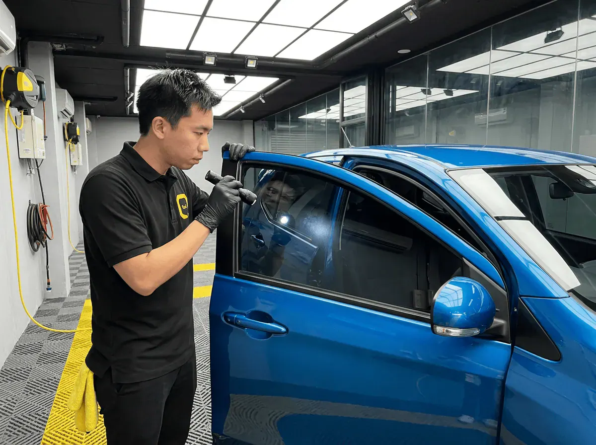Pemeriksaan kualiti dengan lampu suluh semasa pemasangan tinted pada Perodua Axia