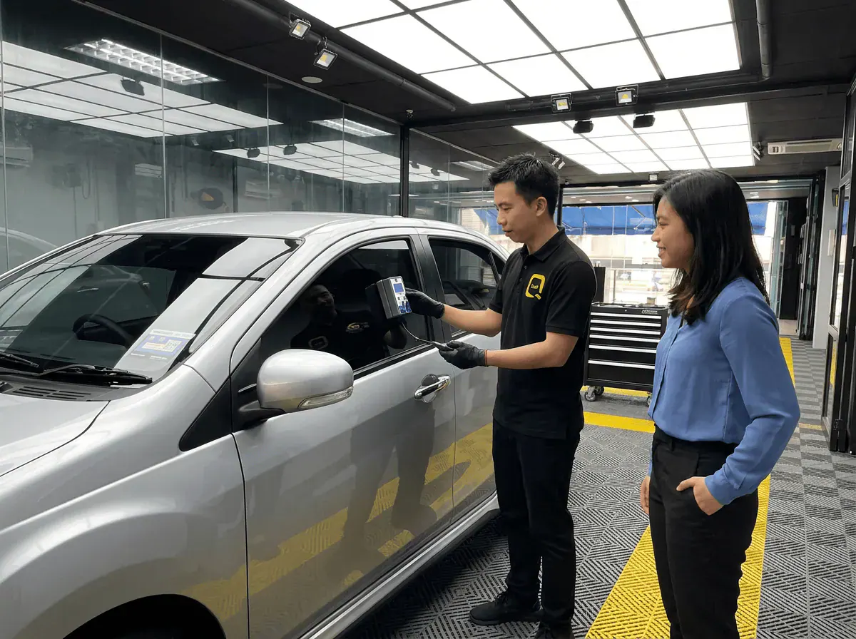 Pemeriksaan cermin dan semakan VLT semasa pemasangan tinted pada Perodua Bezza