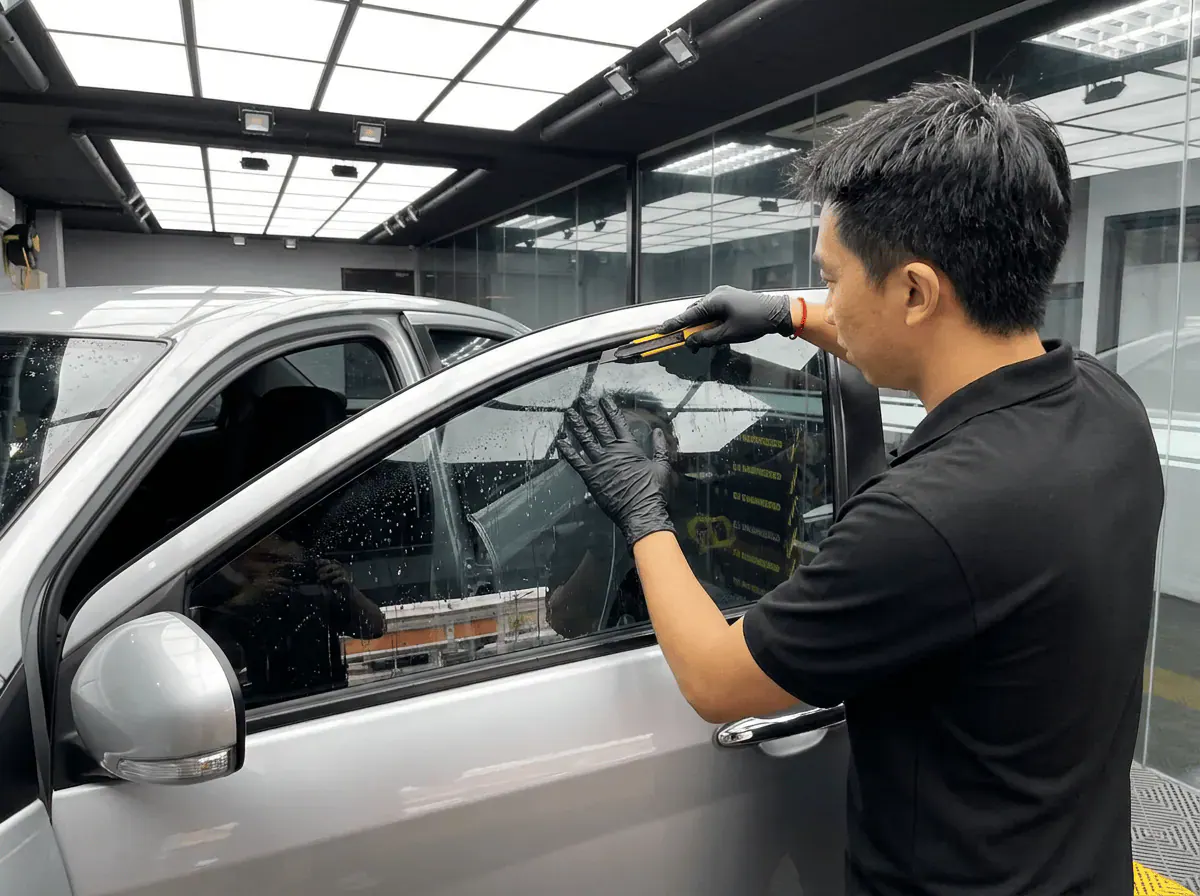 Pemotongan filem tepat semasa pemasangan tinted pada Perodua Bezza