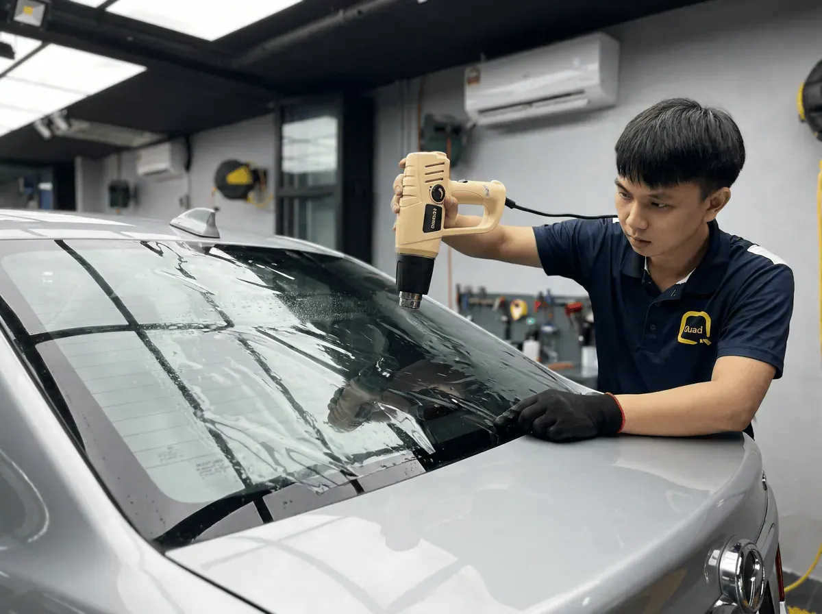 Pengecutan haba terkawal semasa pemasangan tinted pada Perodua Bezza