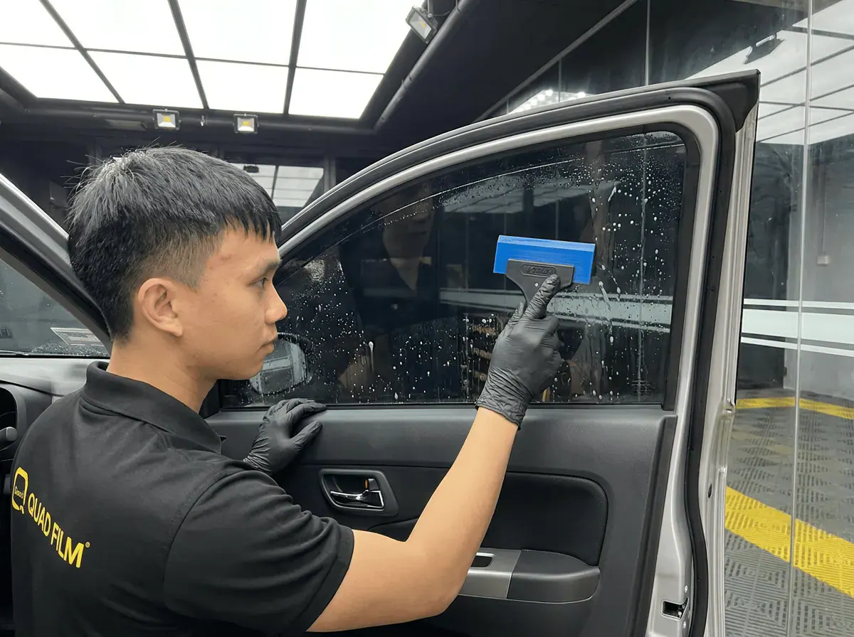 Pemasangan filem dan penyingkiran air semasa pemasangan tinted pada Perodua Bezza