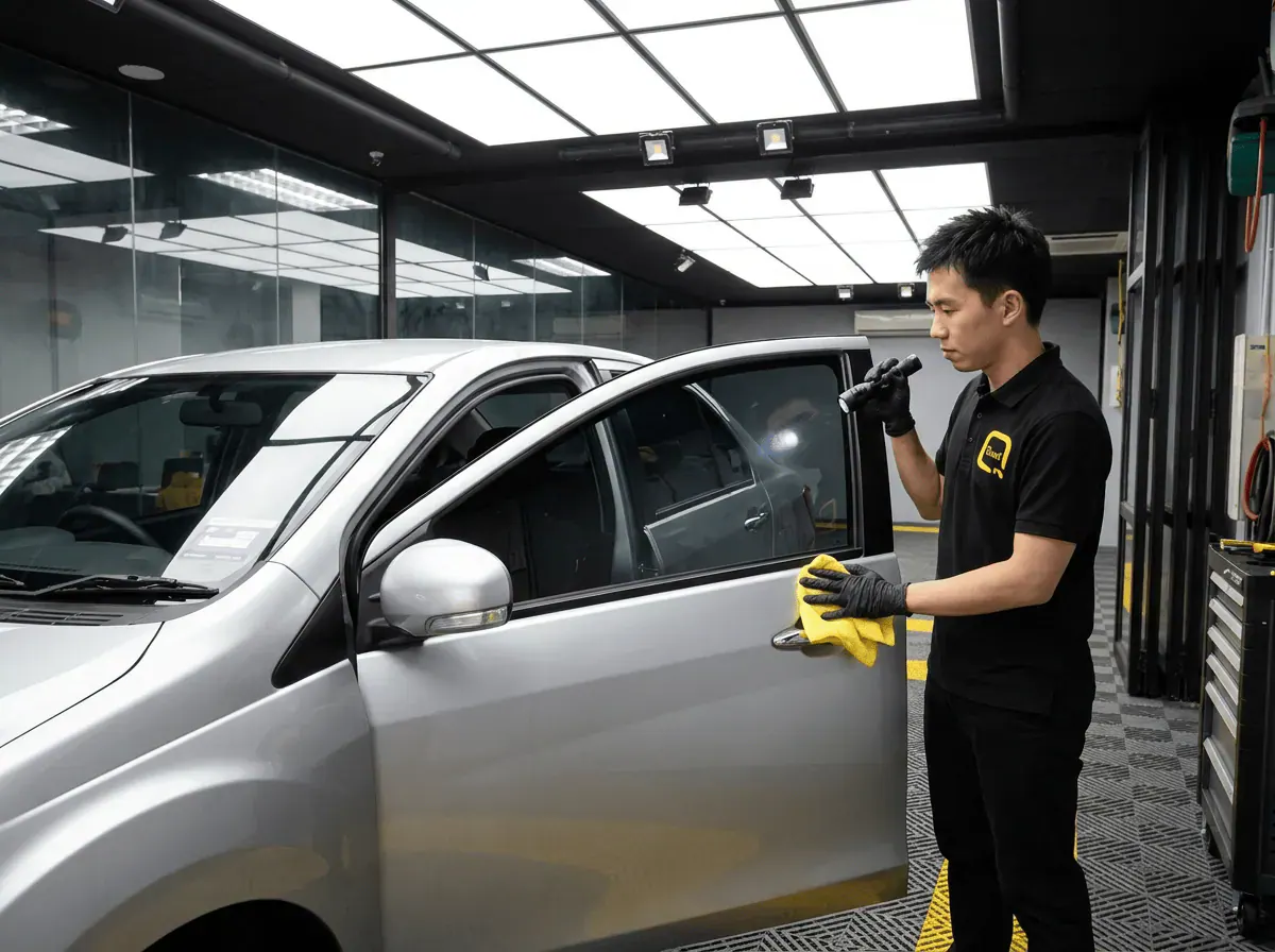 Pemeriksaan kualiti dengan lampu suluh semasa pemasangan tinted pada Perodua Bezza