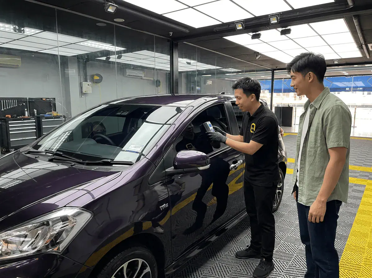 Pemeriksaan cermin dan semakan VLT semasa pemasangan tinted pada Perodua Myvi