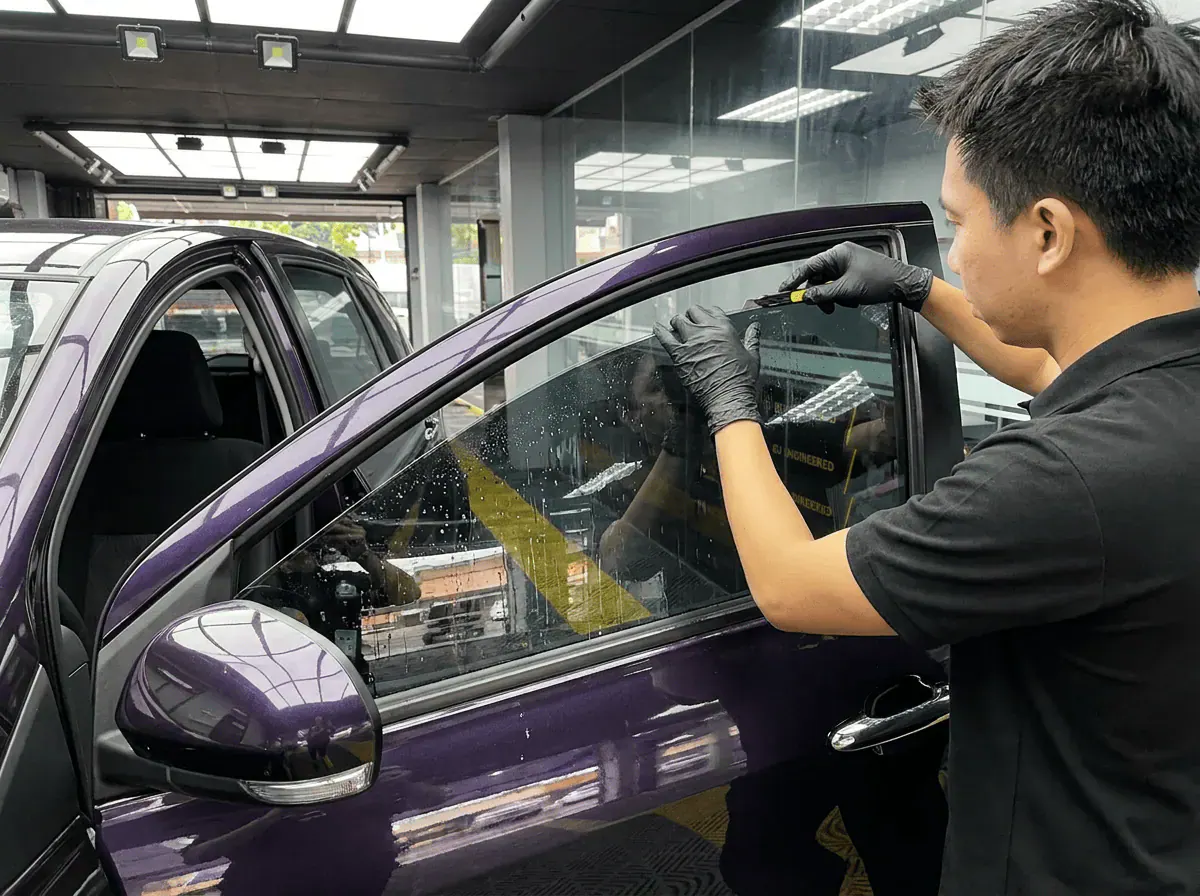 Pemotongan filem tepat semasa pemasangan tinted pada Perodua Myvi