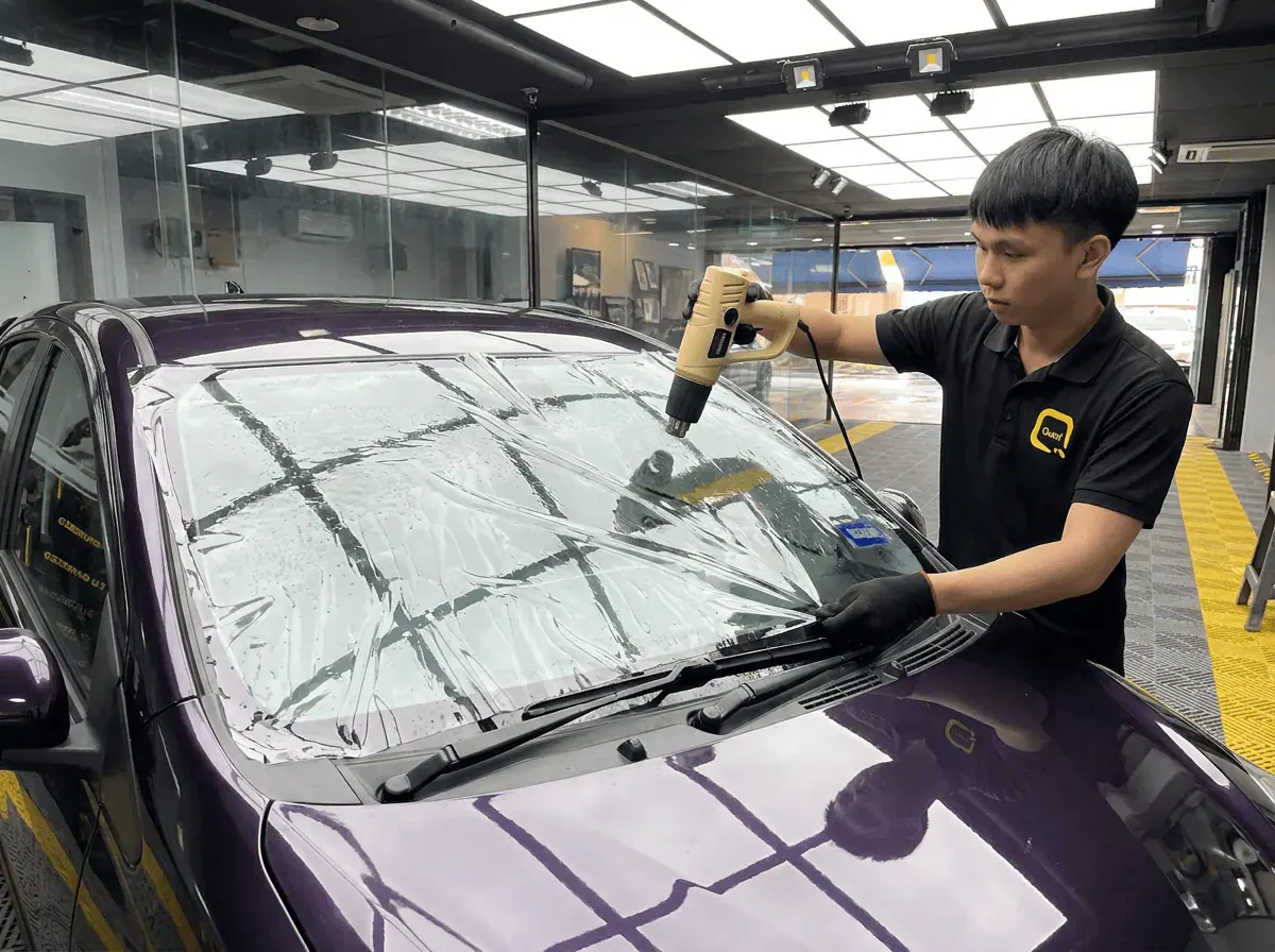 Pengecutan haba terkawal semasa pemasangan tinted pada Perodua Myvi