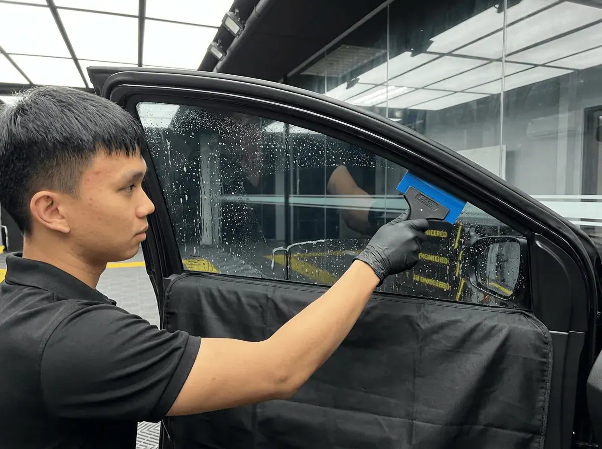Pemasangan filem dan penyingkiran air semasa pemasangan tinted pada Perodua Myvi