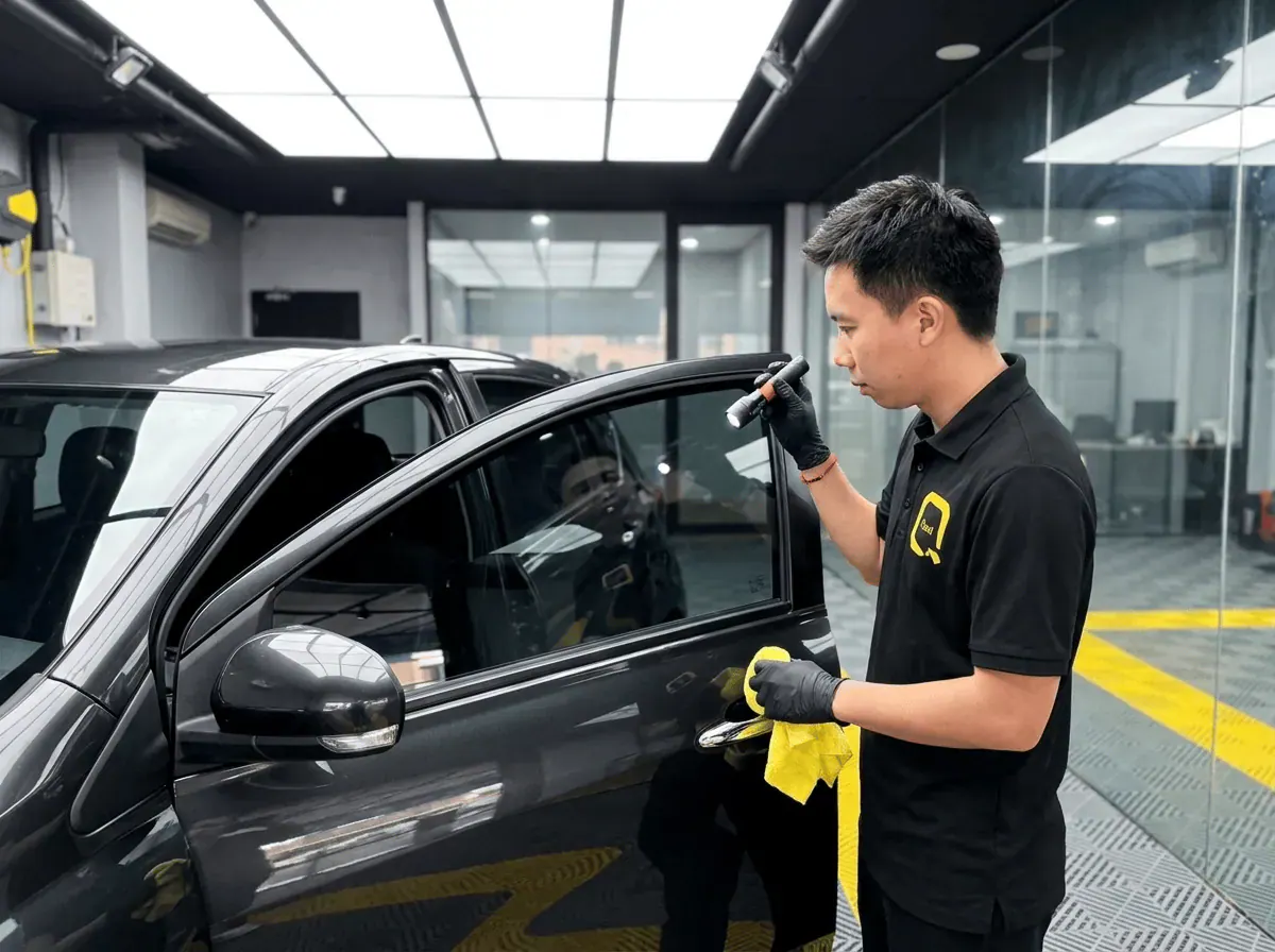 Pemeriksaan kualiti dengan lampu suluh semasa pemasangan tinted pada Perodua Myvi