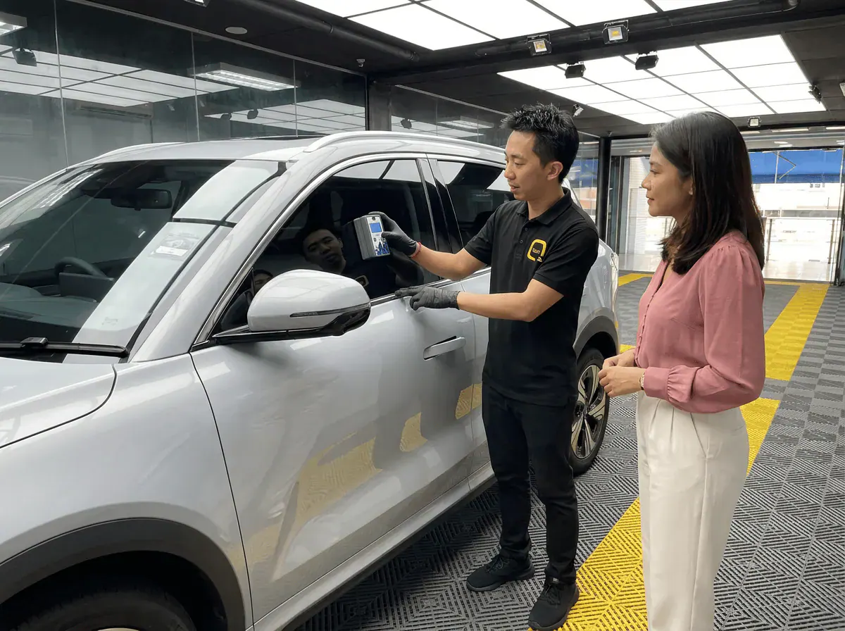 Pemeriksaan cermin dan semakan VLT semasa pemasangan tinted pada Proton e.MAS 7