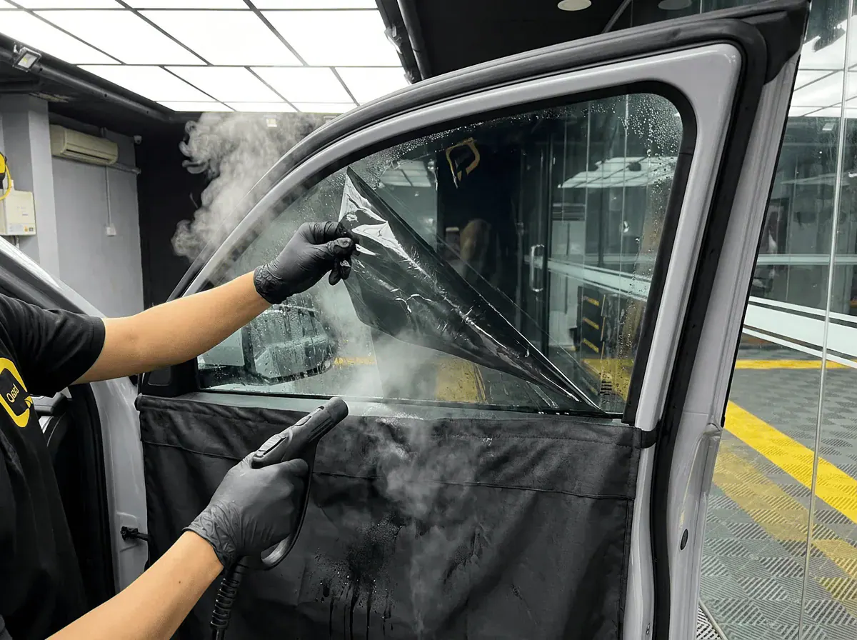 Menanggalkan tinted lama semasa pemasangan tinted pada Proton e.MAS 7