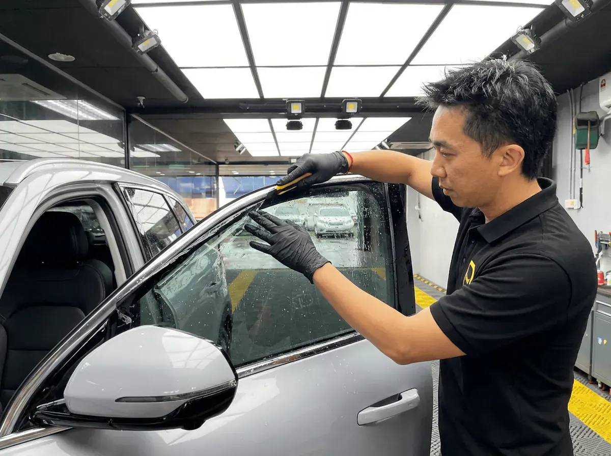 Pemotongan filem tepat semasa pemasangan tinted pada Proton e.MAS 7