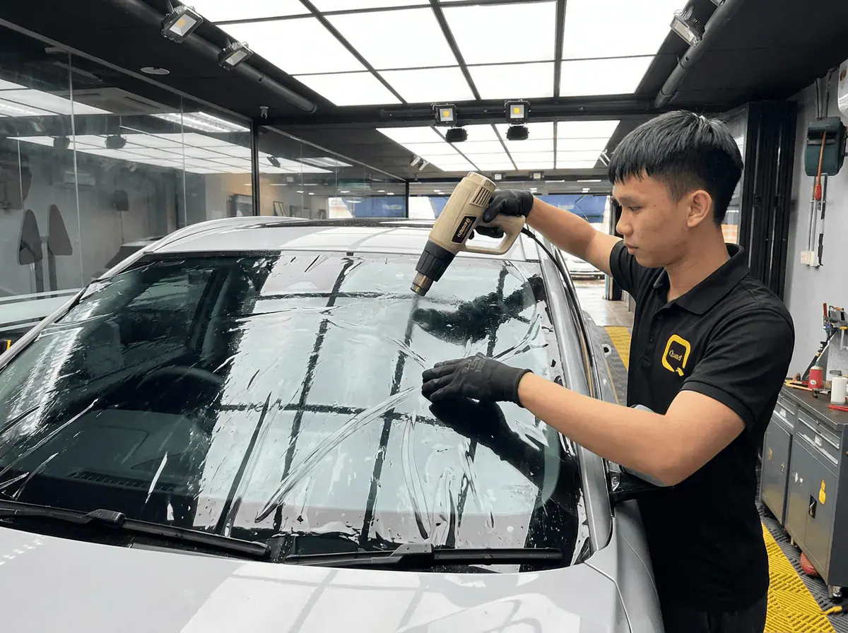 Pengecutan haba terkawal semasa pemasangan tinted pada Proton e.MAS 7