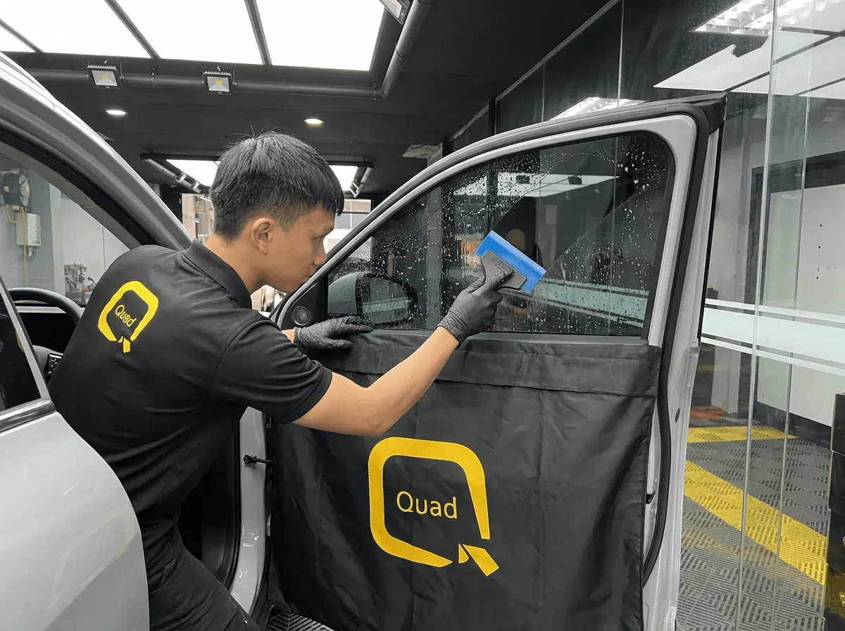 Pemasangan filem dan penyingkiran air semasa pemasangan tinted pada Proton e.MAS 7