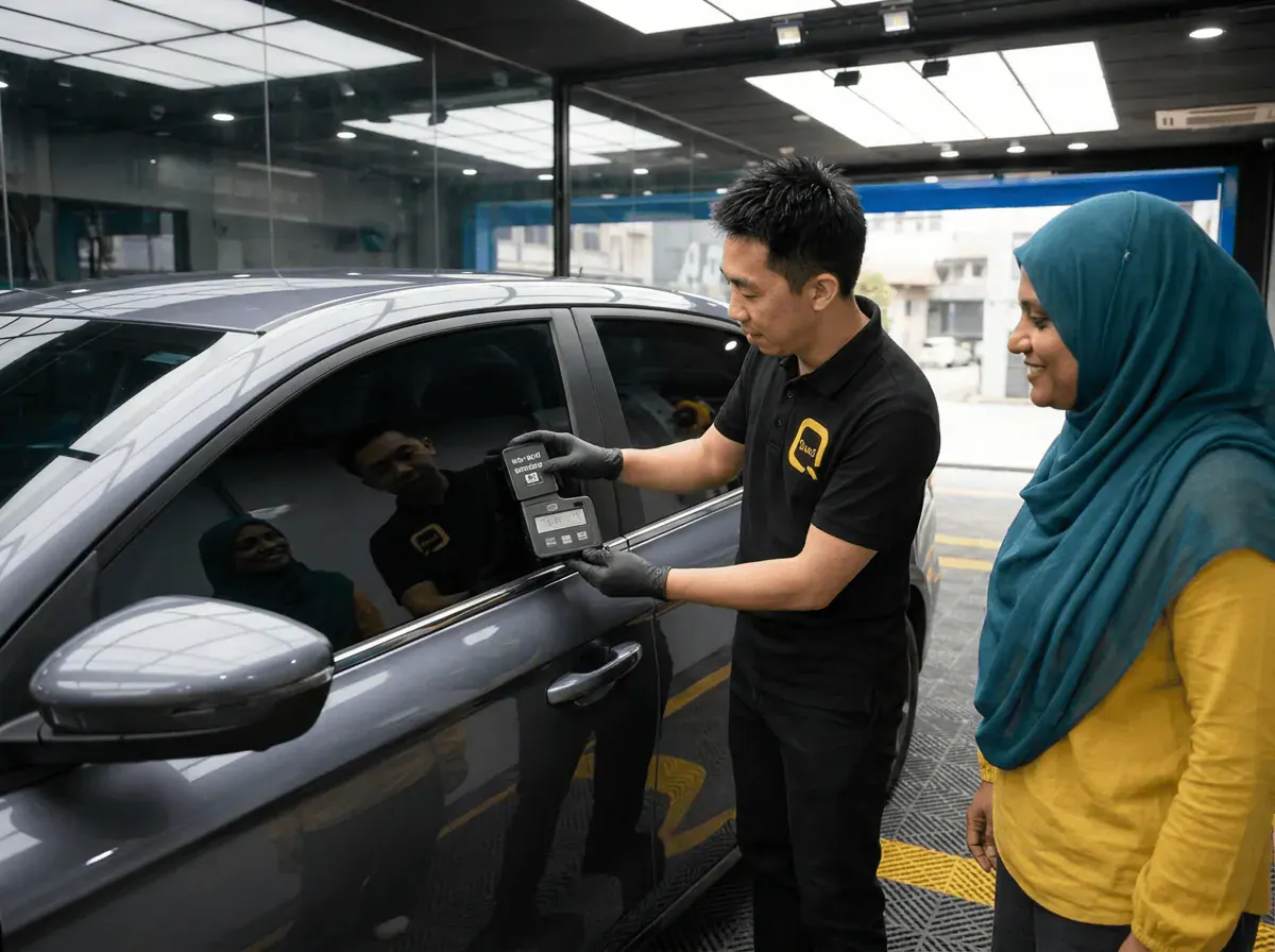 Pemeriksaan cermin dan semakan VLT semasa pemasangan tinted pada Proton S70