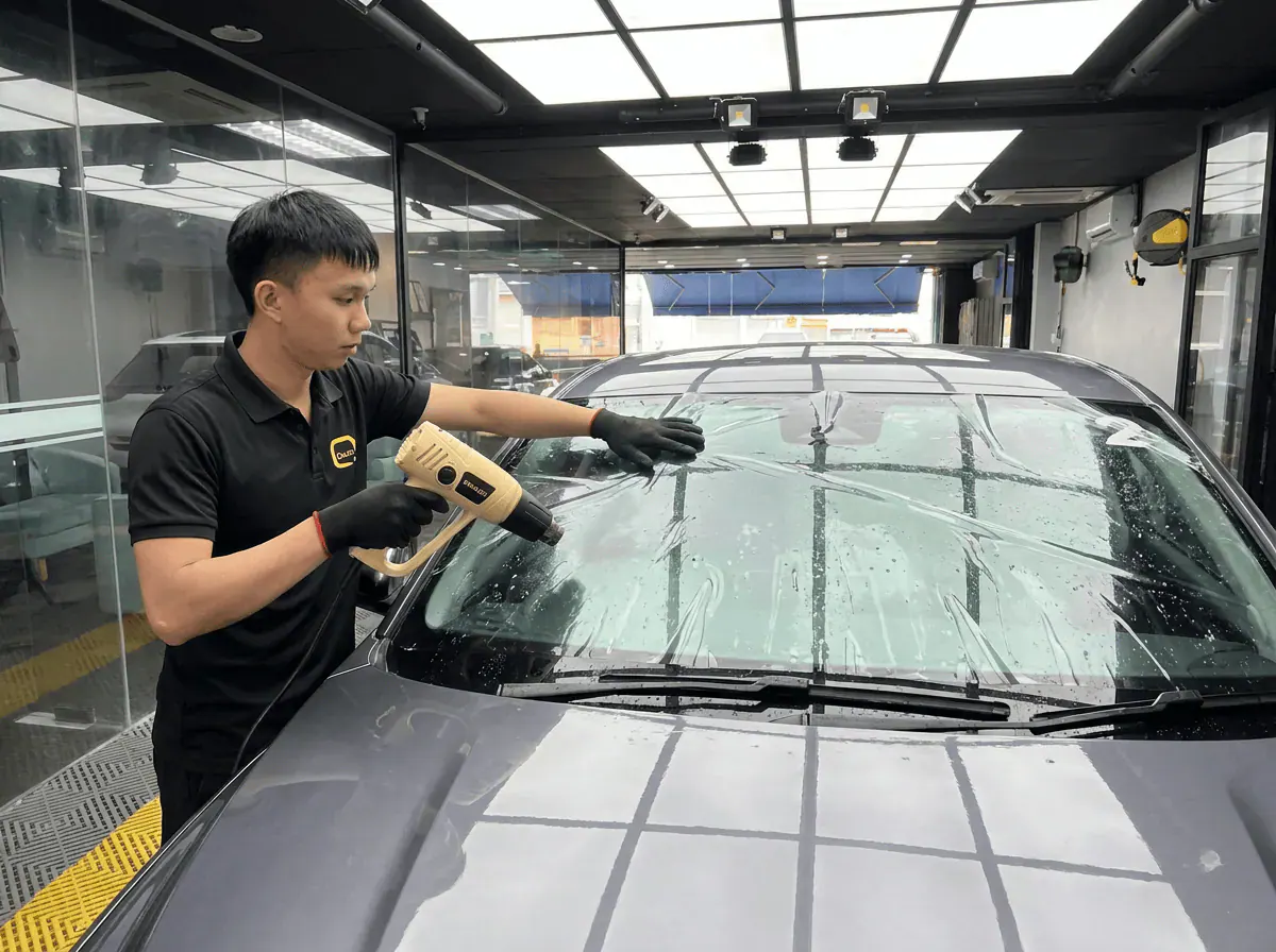 Pengecutan haba terkawal semasa pemasangan tinted pada Proton S70