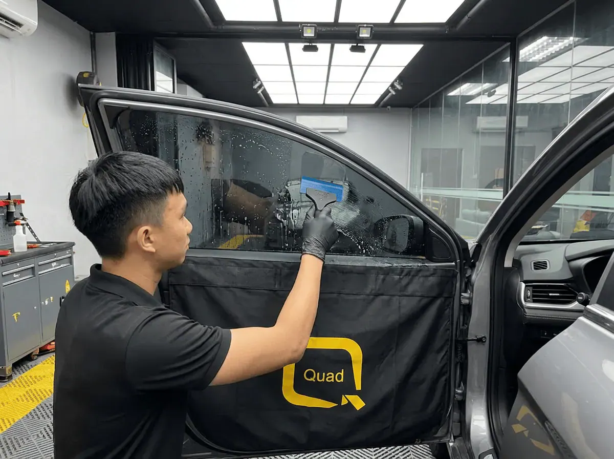 Pemasangan filem dan penyingkiran air semasa pemasangan tinted pada Proton S70