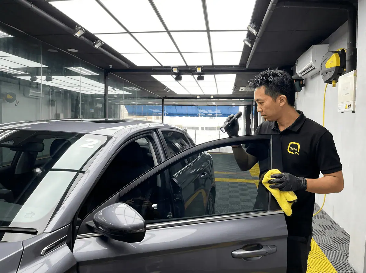 Pemeriksaan kualiti dengan lampu suluh semasa pemasangan tinted pada Proton S70