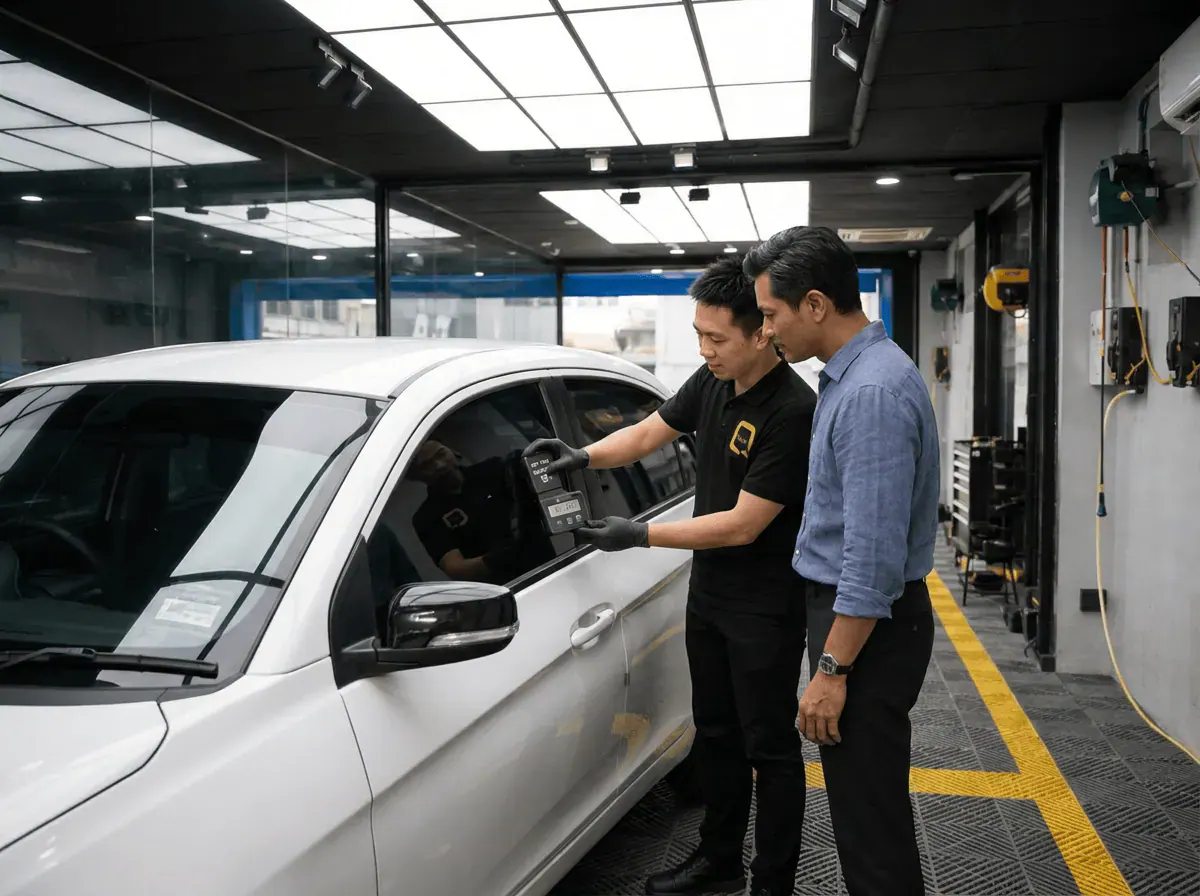 Pemeriksaan cermin dan semakan VLT semasa pemasangan tinted pada Proton Saga