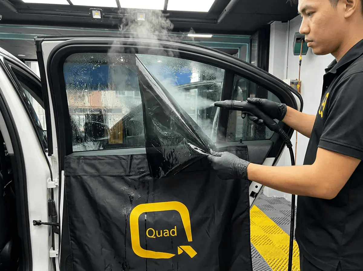 Menanggalkan tinted lama semasa pemasangan tinted pada Proton Saga