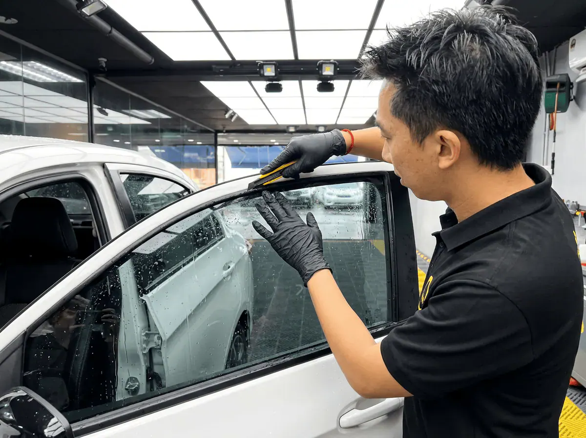 Pemotongan filem tepat semasa pemasangan tinted pada Proton Saga