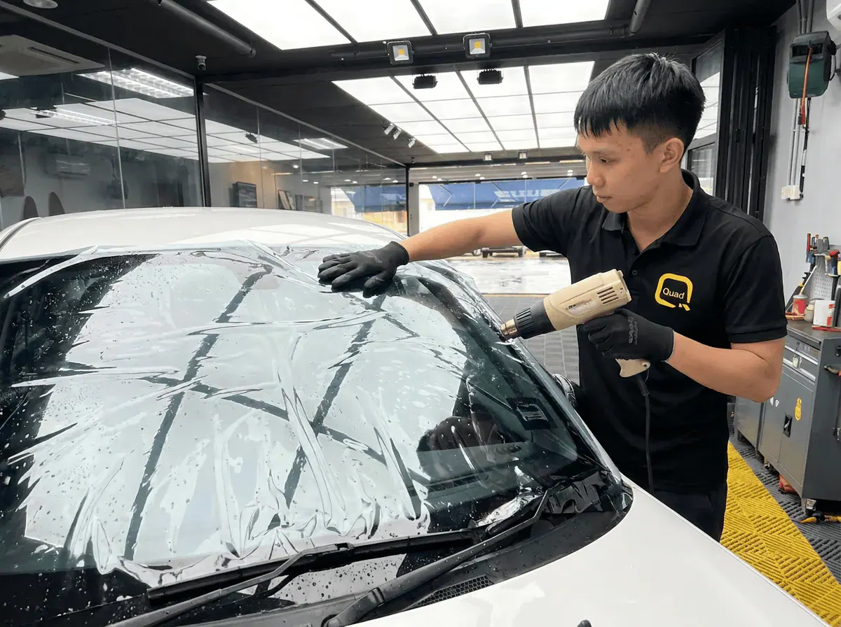 Pengecutan haba terkawal semasa pemasangan tinted pada Proton Saga