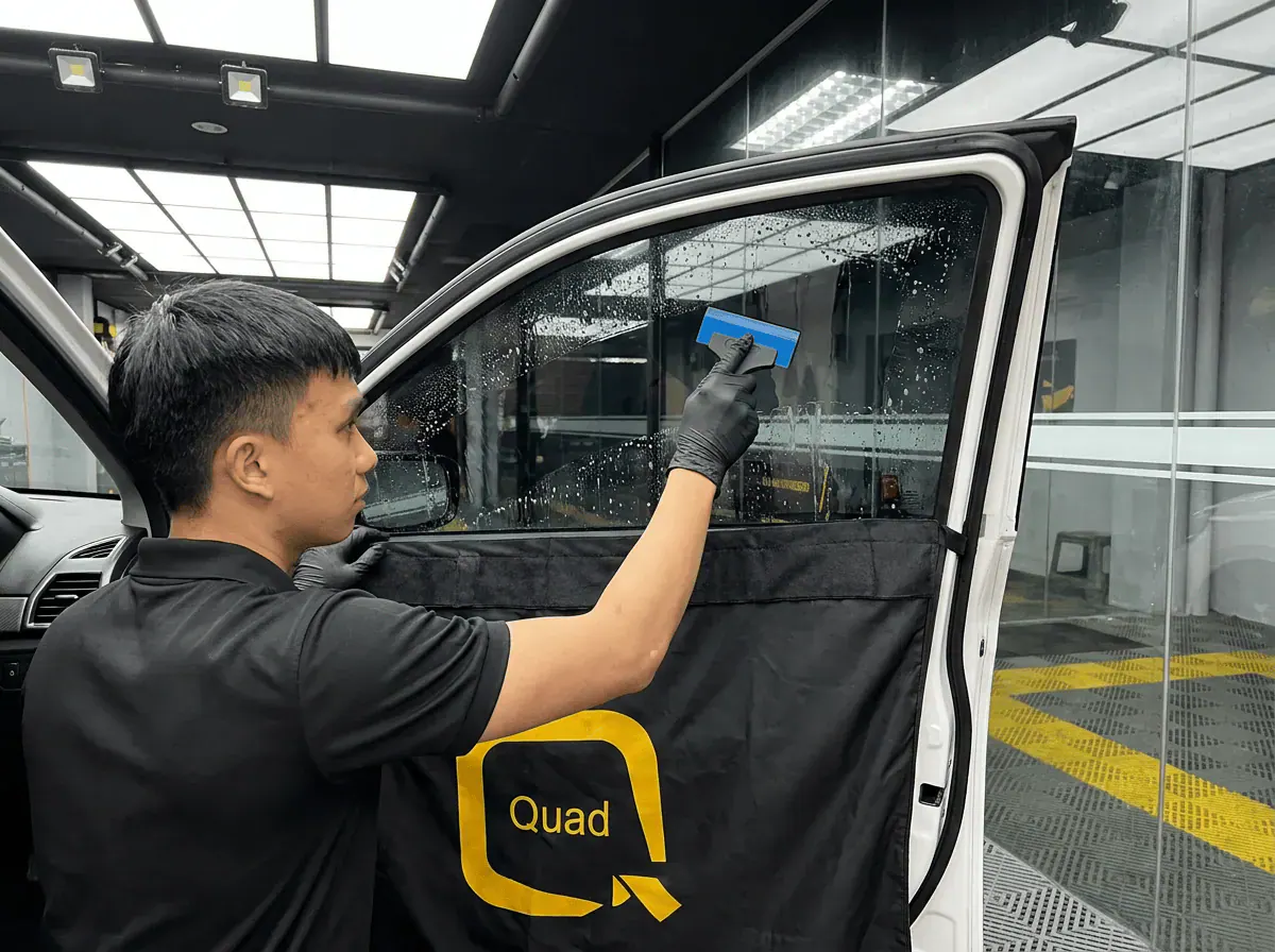 Pemasangan filem dan penyingkiran air semasa pemasangan tinted pada Proton Saga