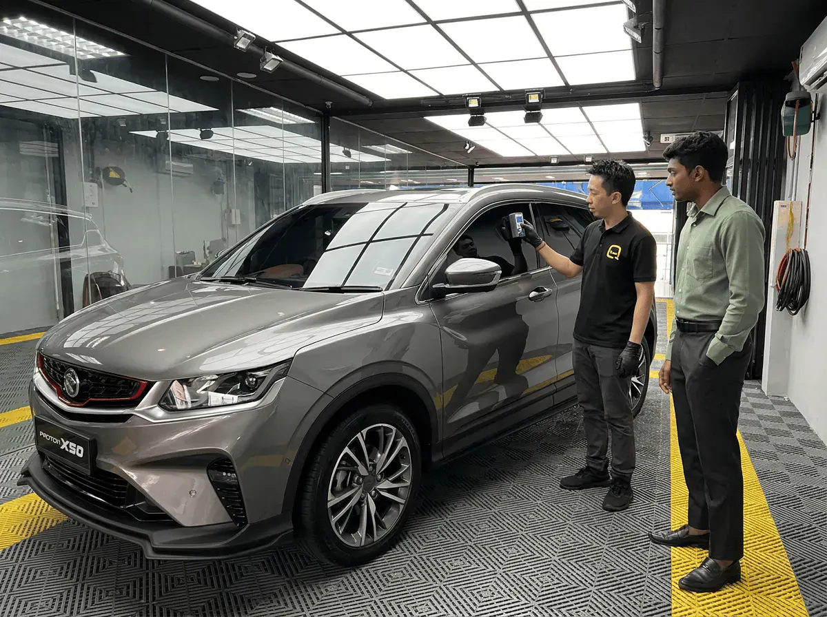 Pemeriksaan cermin dan semakan VLT semasa pemasangan tinted pada Proton X50