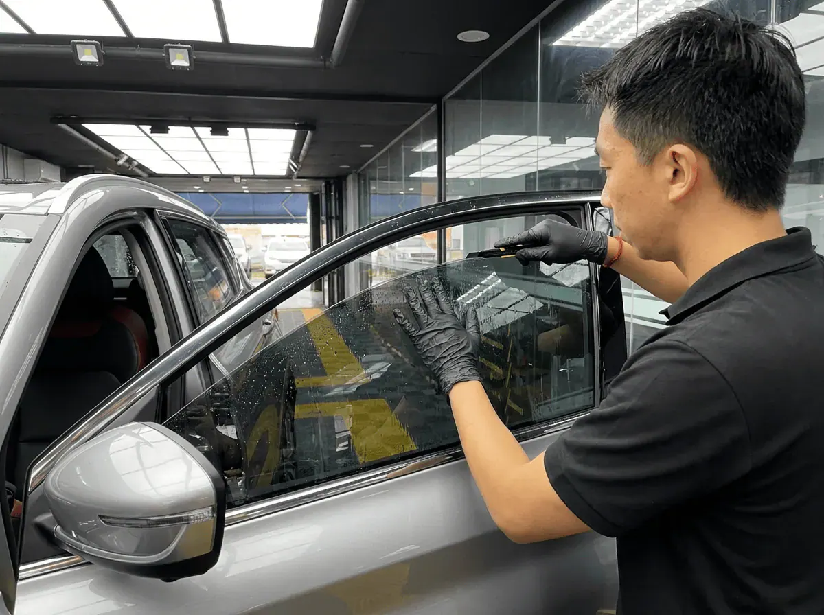 Pemotongan filem tepat semasa pemasangan tinted pada Proton X50