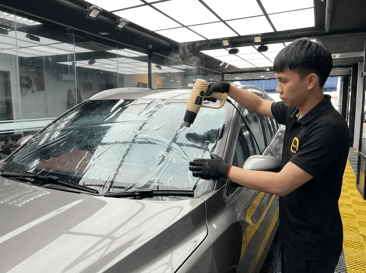 Pengecutan haba terkawal semasa pemasangan tinted pada Proton X50