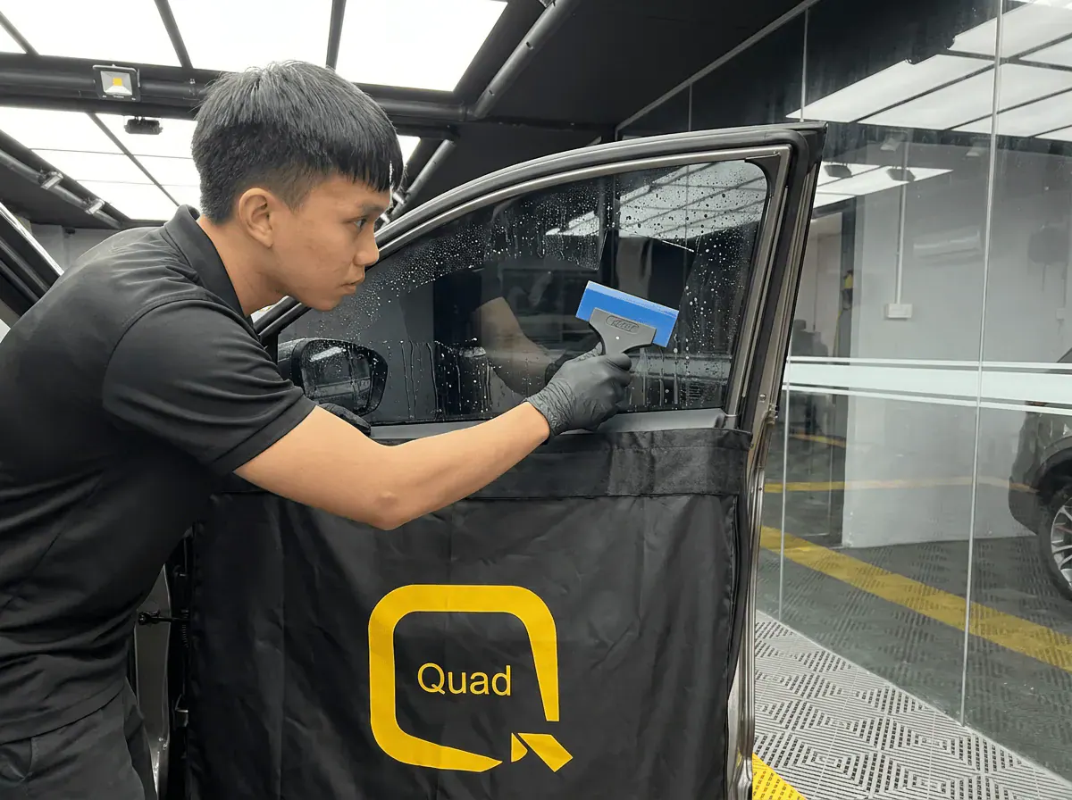 Pemasangan filem dan penyingkiran air semasa pemasangan tinted pada Proton X50