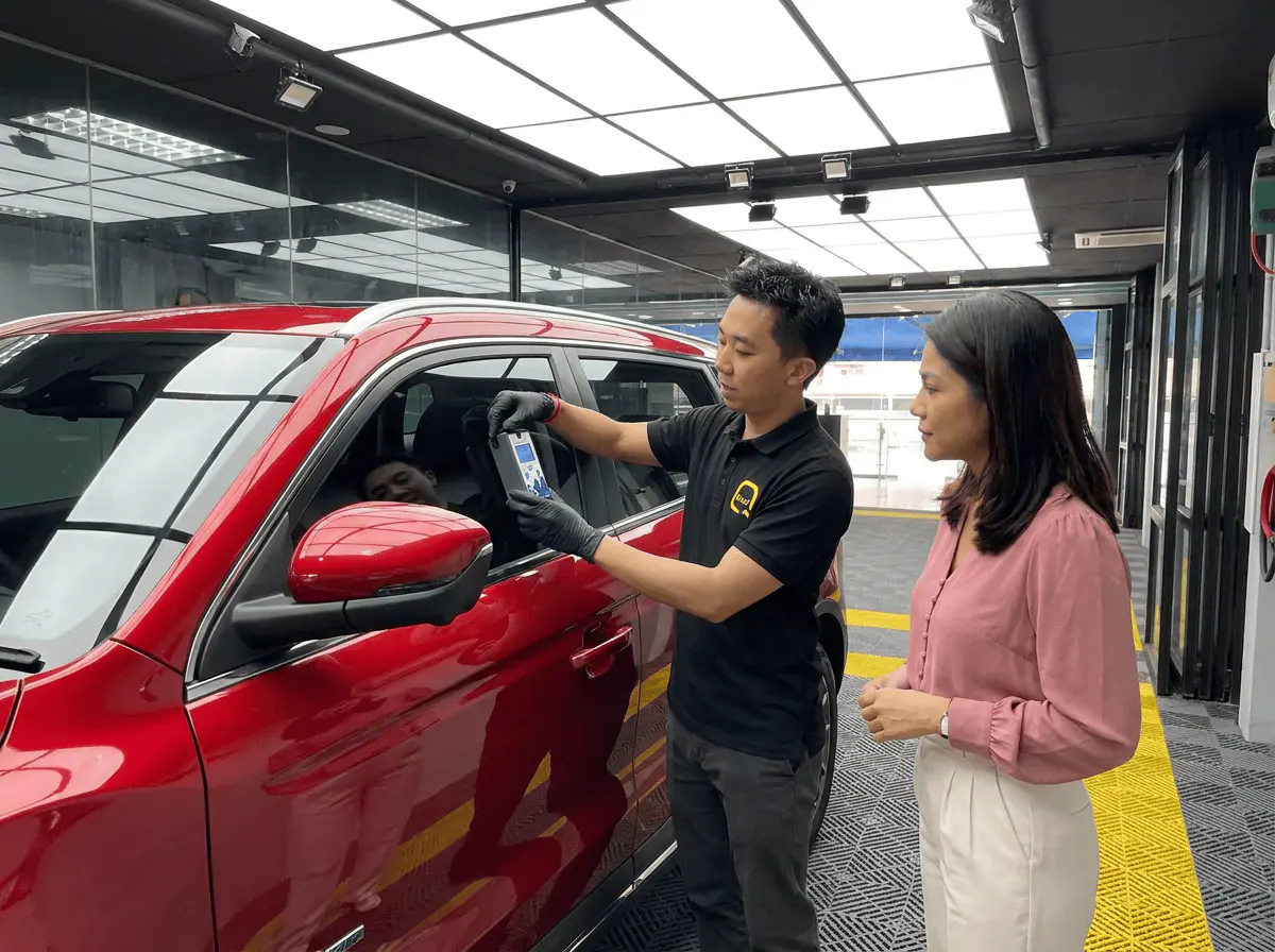 Pemeriksaan cermin dan semakan VLT semasa pemasangan tinted pada Proton X70