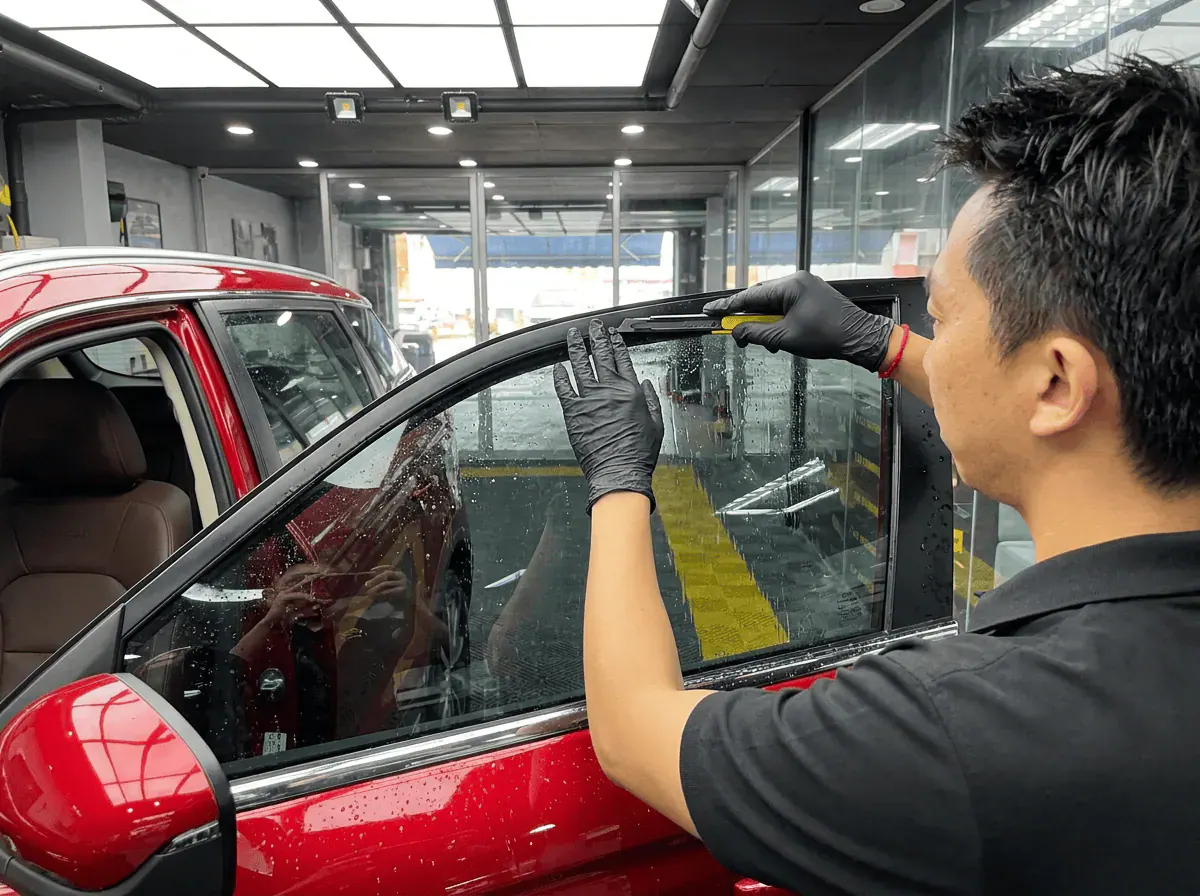 Pemotongan filem tepat semasa pemasangan tinted pada Proton X70