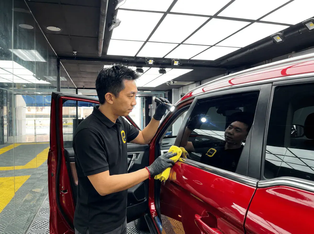 Pemeriksaan kualiti dengan lampu suluh semasa pemasangan tinted pada Proton X70