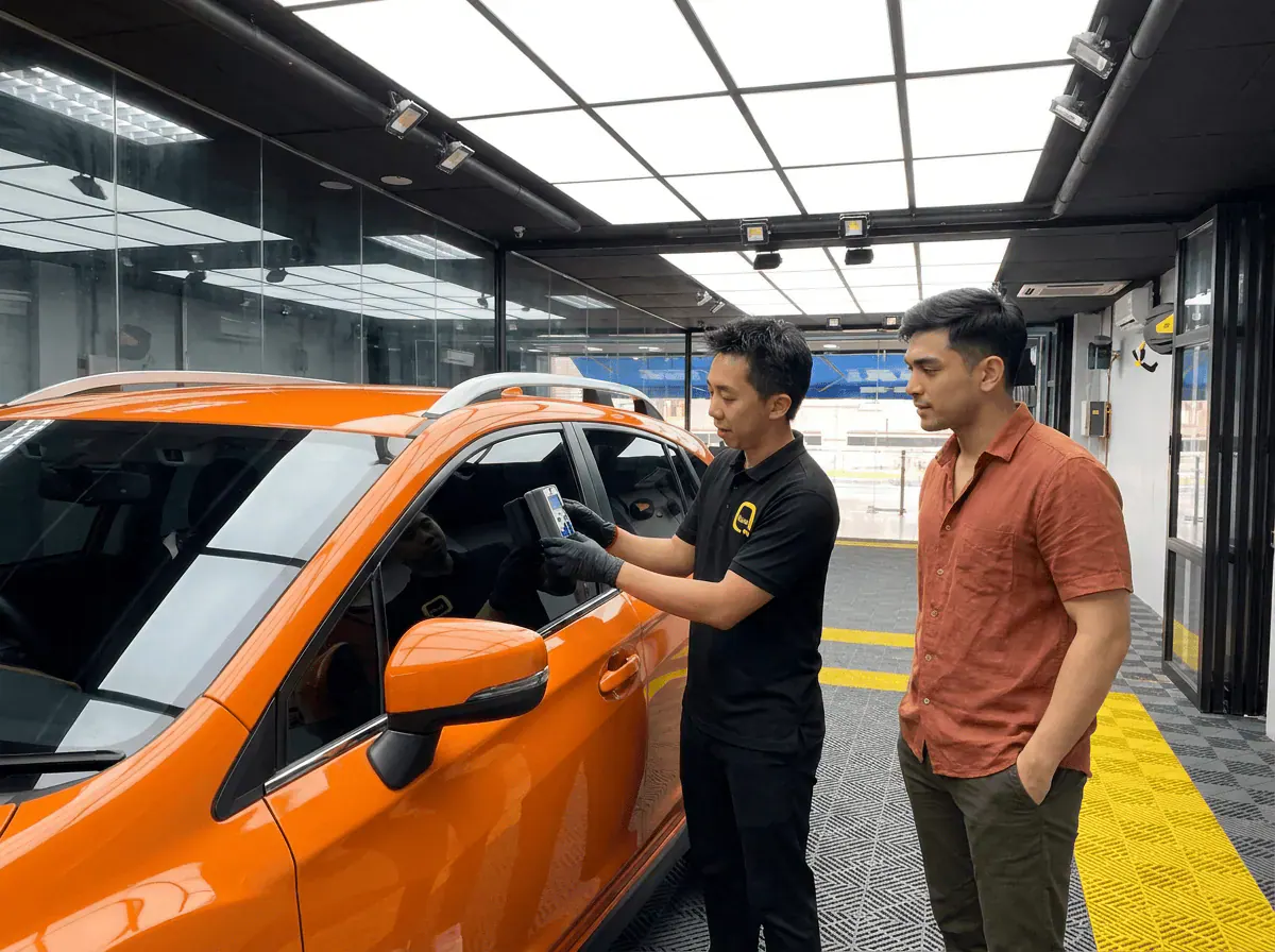 Pemeriksaan cermin dan semakan VLT semasa pemasangan tinted pada Subaru Crosstrek