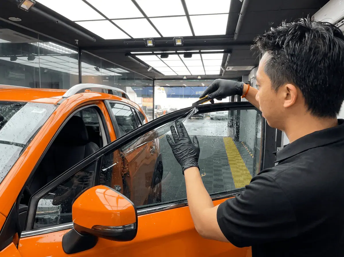 Pemotongan filem tepat semasa pemasangan tinted pada Subaru Crosstrek