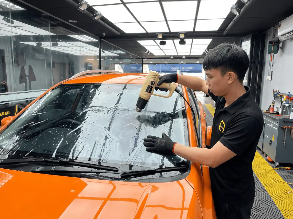 Pengecutan haba terkawal semasa pemasangan tinted pada Subaru Crosstrek
