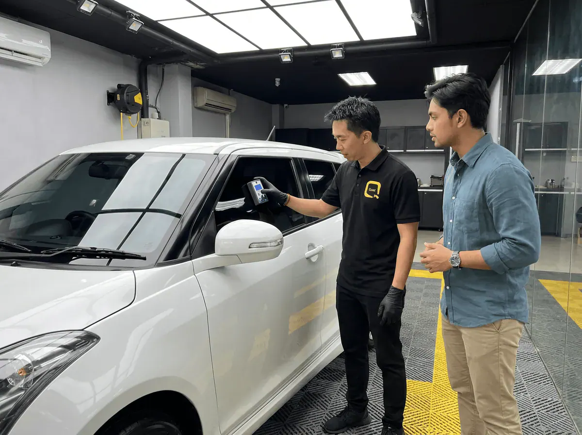 Pemeriksaan cermin dan semakan VLT semasa pemasangan tinted pada Suzuki Swift