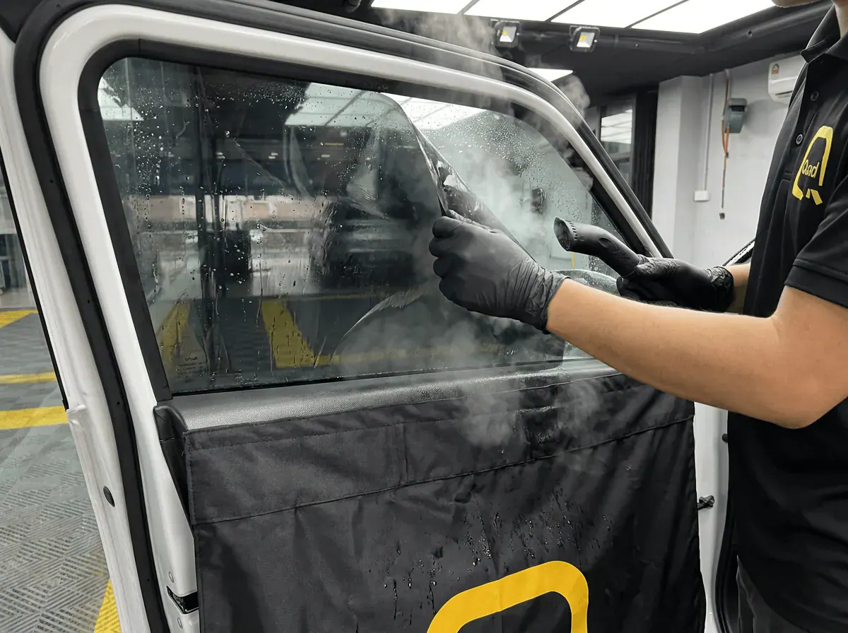 Menanggalkan tinted lama semasa pemasangan tinted pada Suzuki Swift