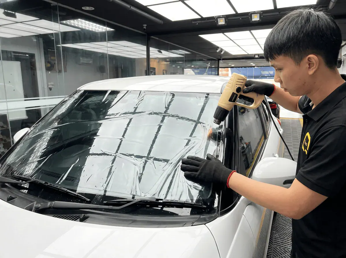 Pengecutan haba terkawal semasa pemasangan tinted pada Suzuki Swift