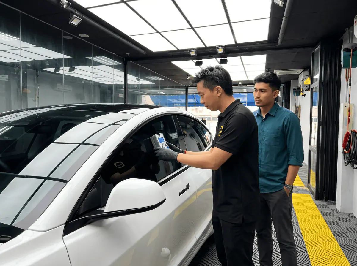 Pemeriksaan cermin dan semakan VLT semasa pemasangan tinted pada Tesla Model 3