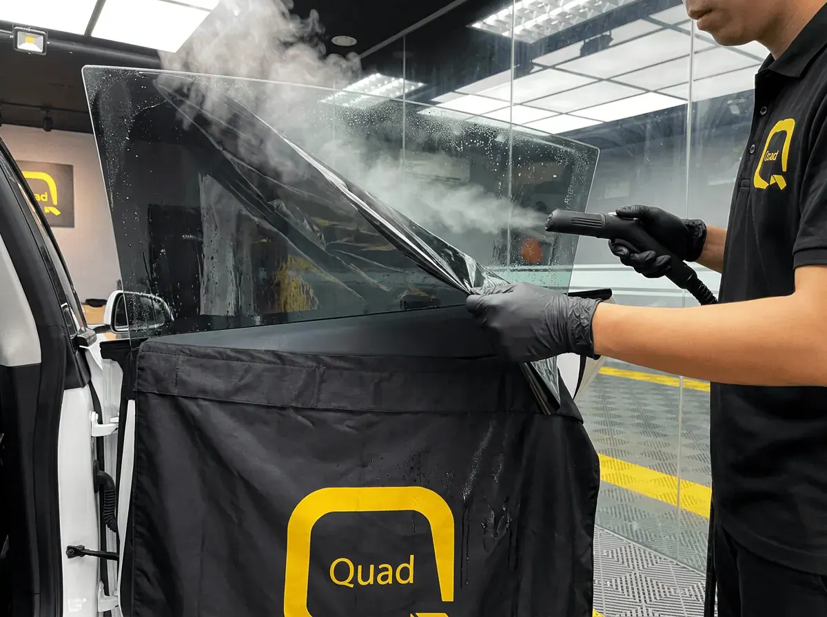 Menanggalkan tinted lama semasa pemasangan tinted pada Tesla Model 3