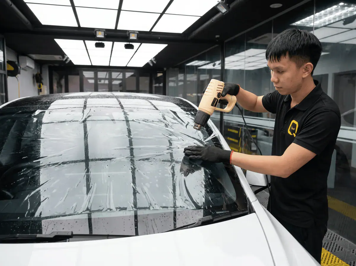 Pengecutan haba terkawal semasa pemasangan tinted pada Tesla Model 3
