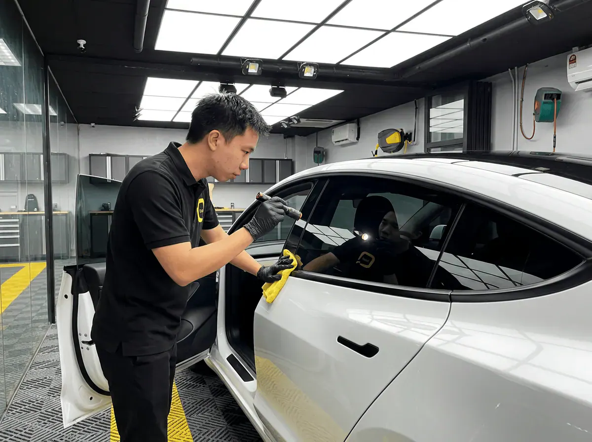 Pemeriksaan kualiti dengan lampu suluh semasa pemasangan tinted pada Tesla Model 3