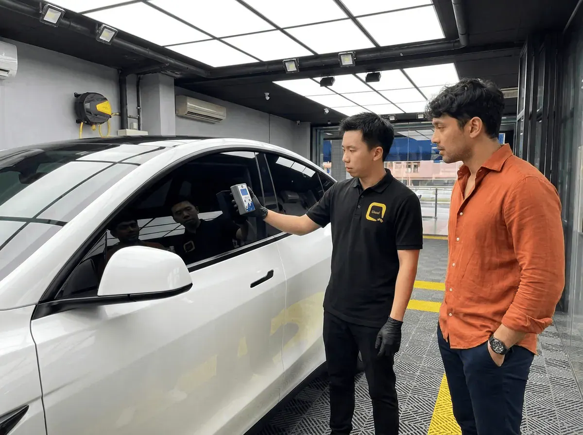 Pemeriksaan cermin dan semakan VLT semasa pemasangan tinted pada Tesla Model Y