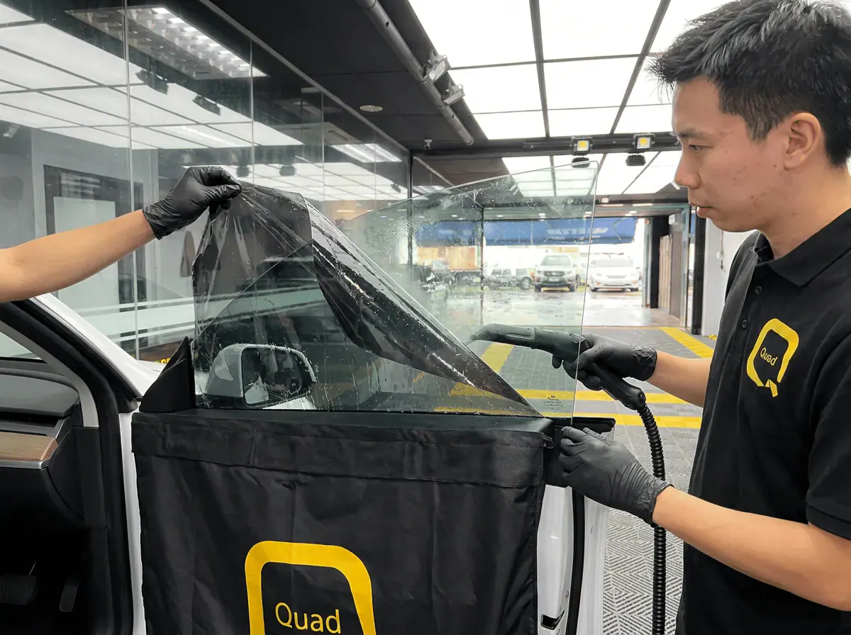 Menanggalkan tinted lama semasa pemasangan tinted pada Tesla Model Y