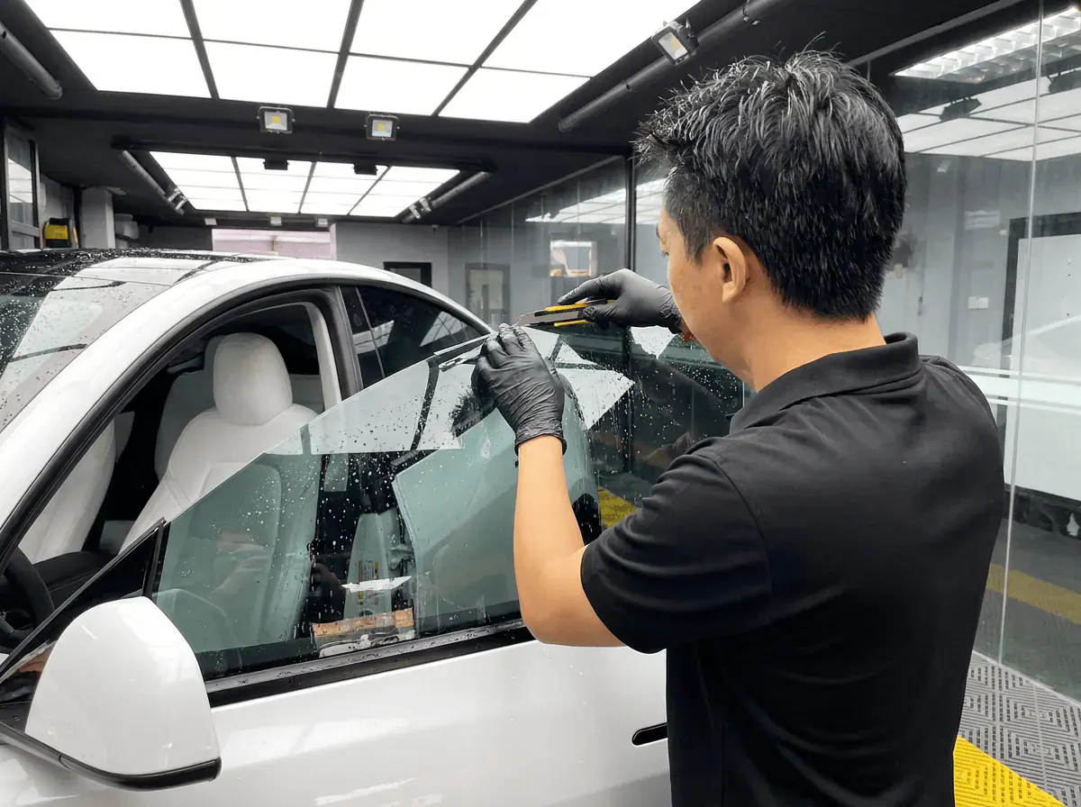 Pemotongan filem tepat semasa pemasangan tinted pada Tesla Model Y