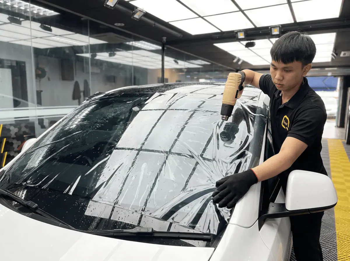Pengecutan haba terkawal semasa pemasangan tinted pada Tesla Model Y