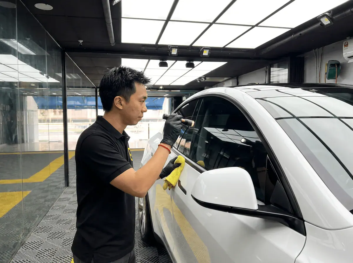 Pemeriksaan kualiti dengan lampu suluh semasa pemasangan tinted pada Tesla Model Y